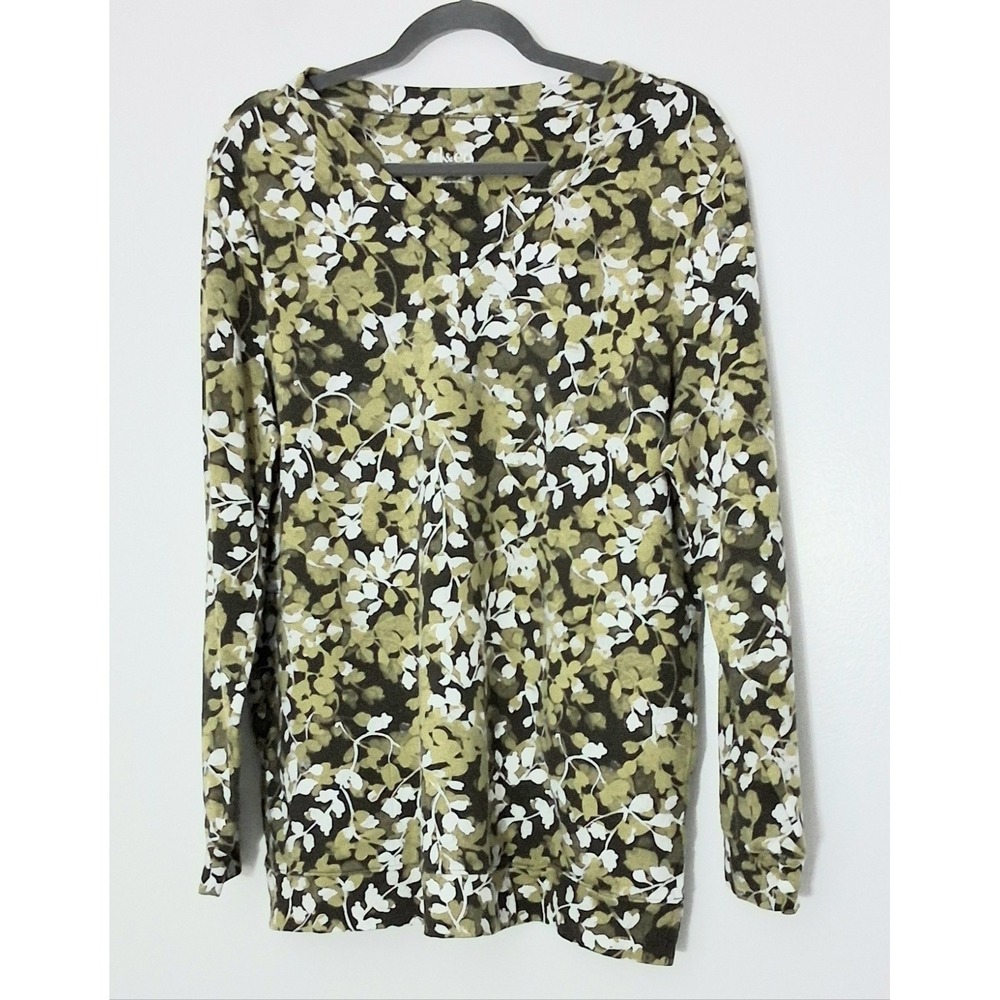 Denim & Co Active Tunic Women's Size Large French Terry V-Neck Green Long Sleeve